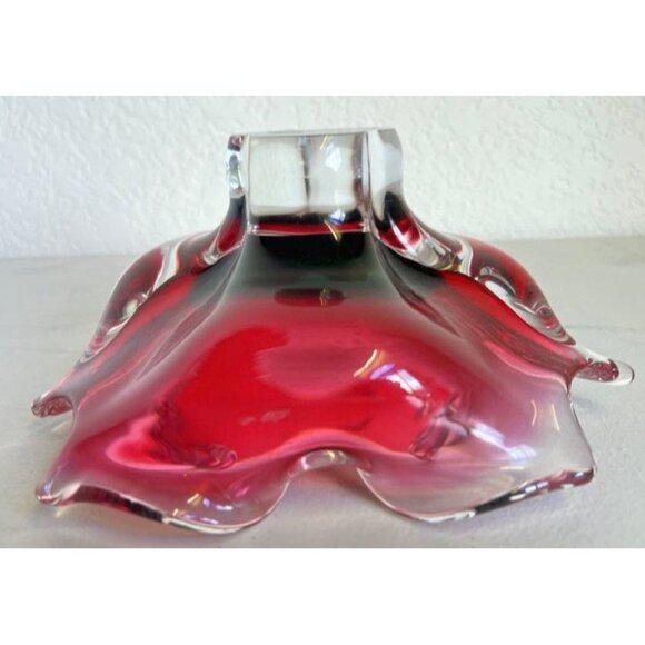 Vintage Bohemia Crystal Red & Clear Art Glass Bowl Made In Czechoslovakia Ruffle - Picture 3 of 9